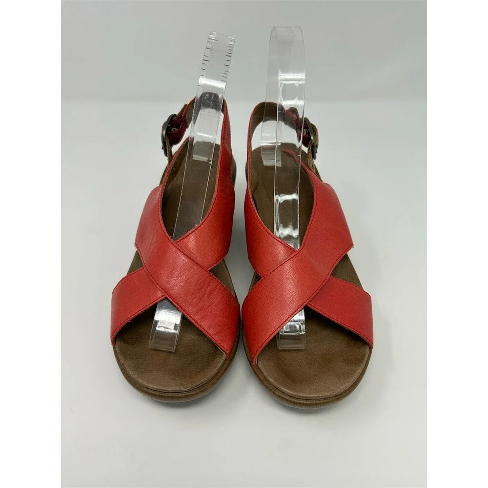 Dansko Two Tone Red Coral & Brown Slingback Wedge Sandals Crisscross Straps 36